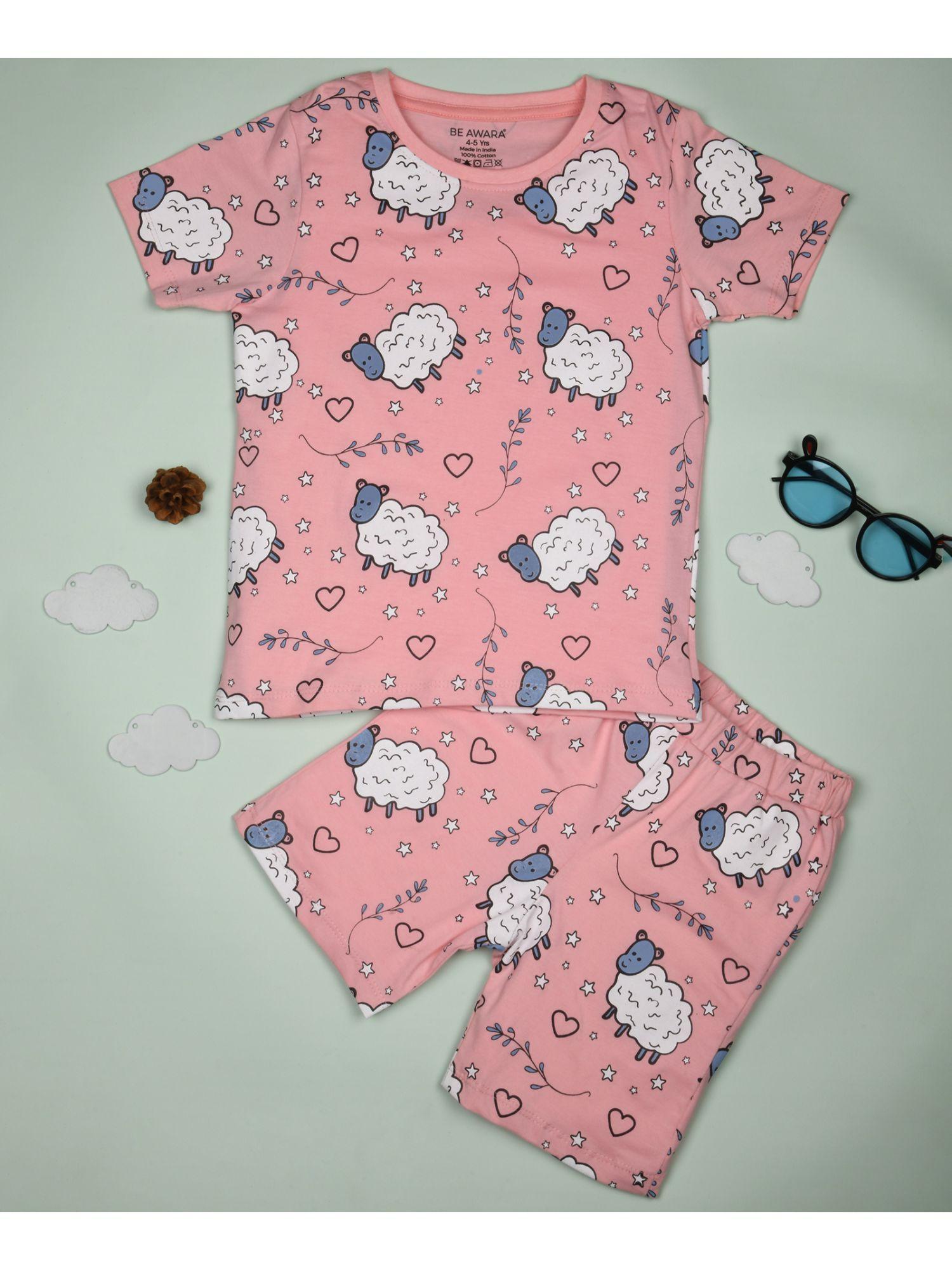 half sleeves cotton t-shirt & shorts sheep print pink (set of 2)