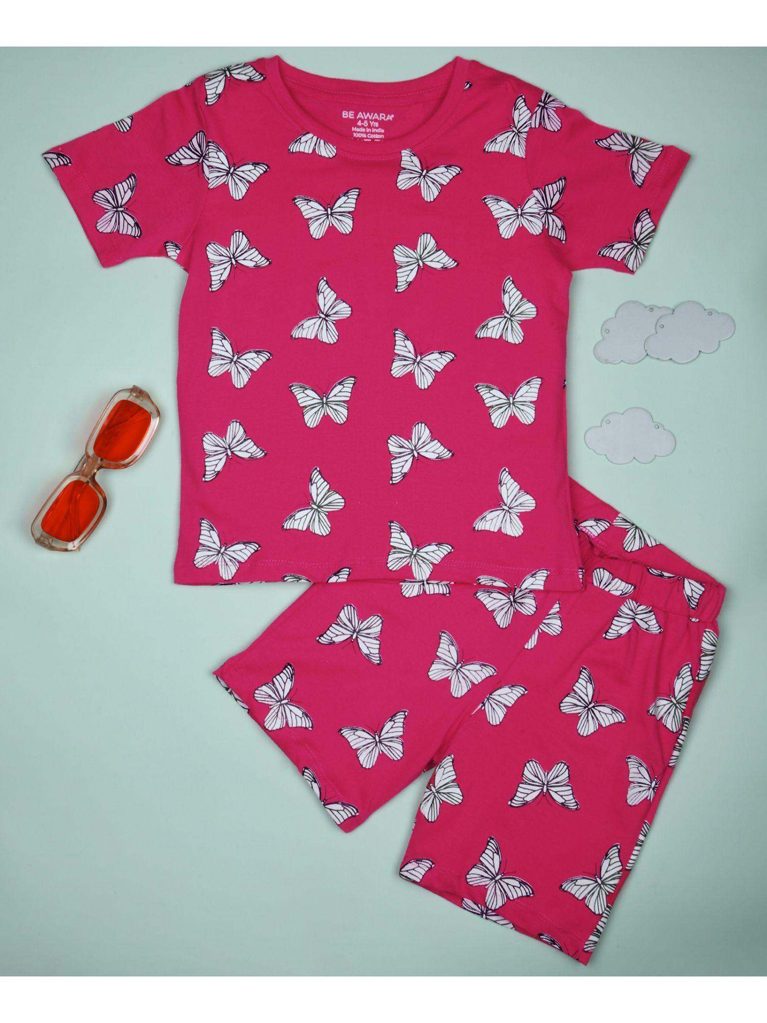 half sleeves cotton t-shirt & shorts single butterfly print pink (set of 2)