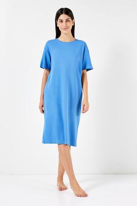 half sleeves cotton women's night gown - mid blue