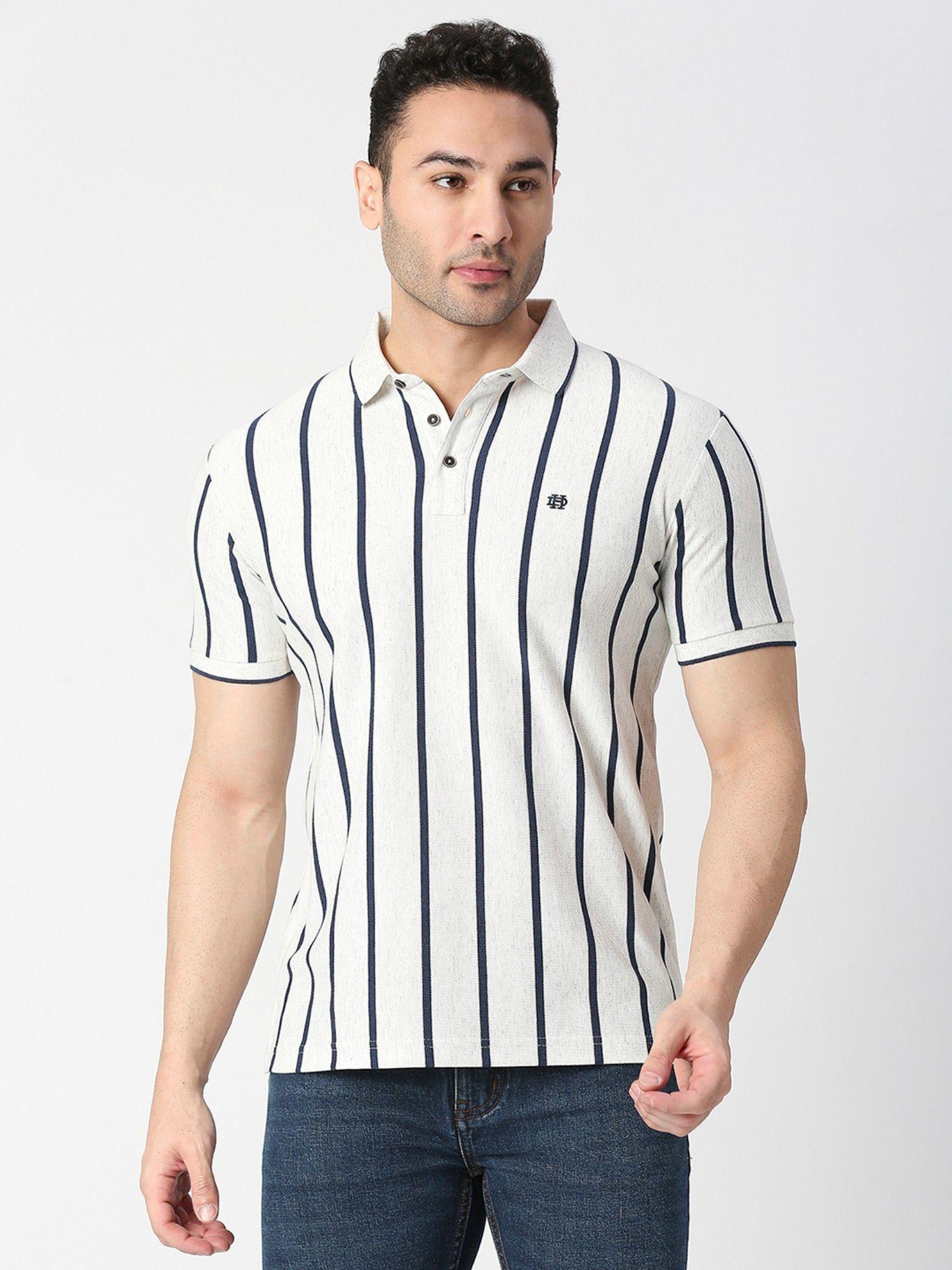 half sleeves ecru melange vertical striped pique polo t-shirt