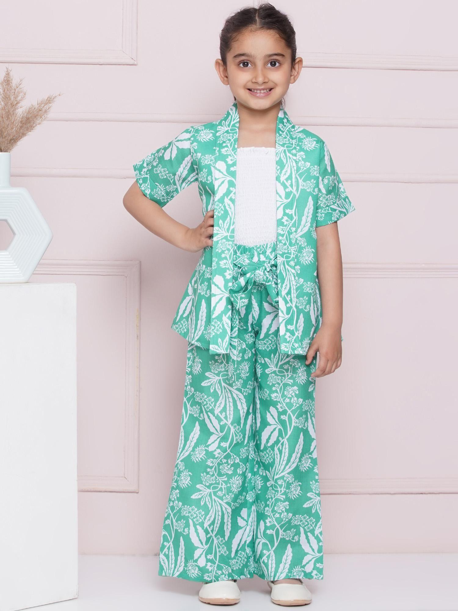 half sleeves green tropical print cotton top pant and shrug for girls (set of 3)