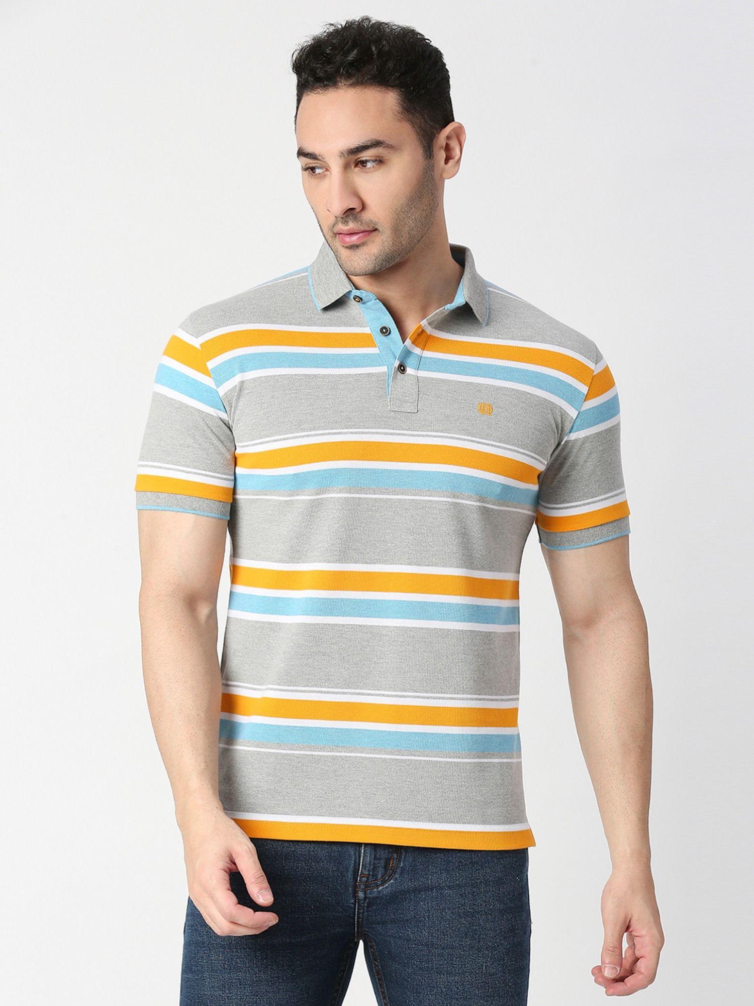 half sleeves grey melange striped pique polo t-shirt