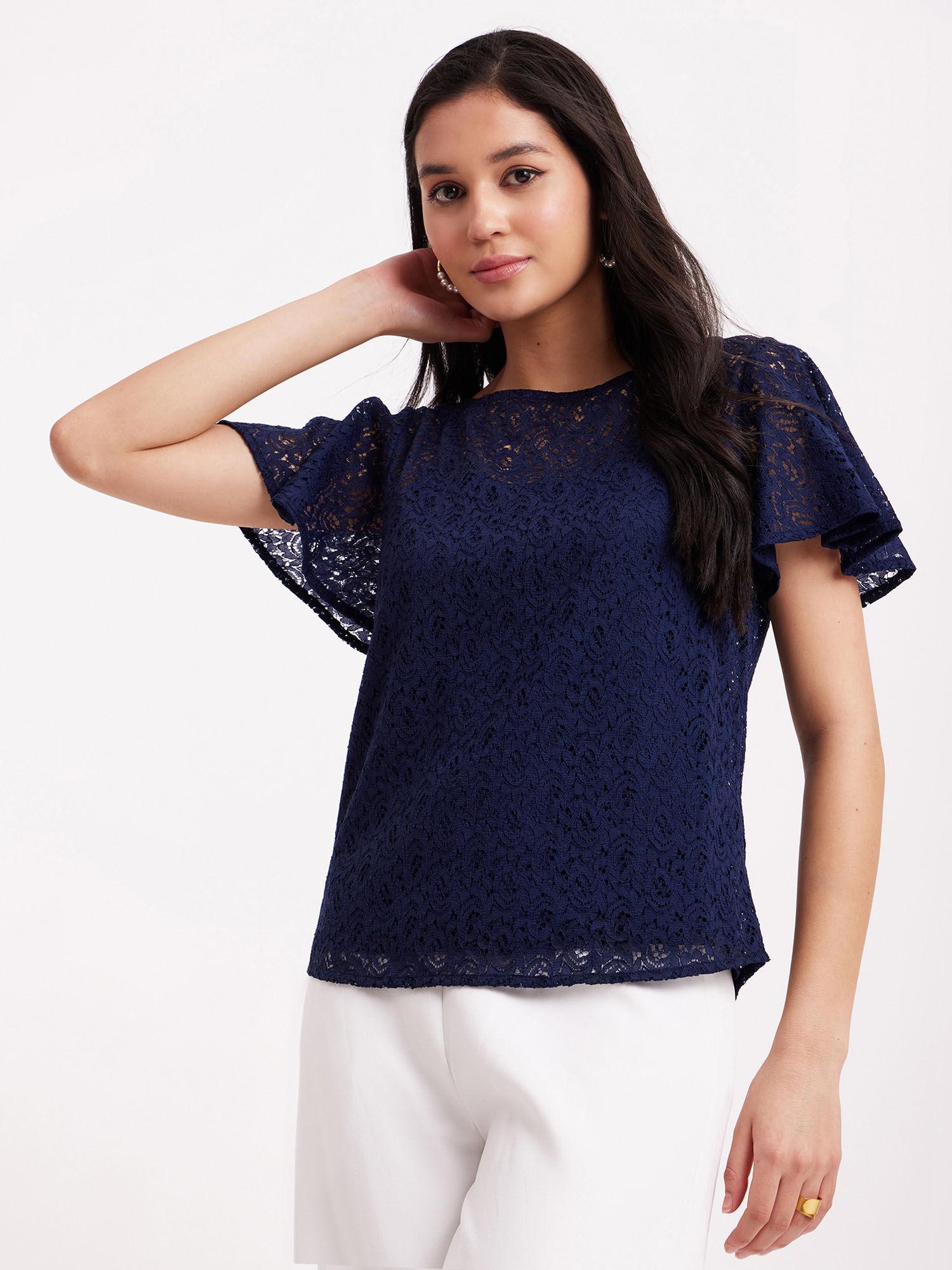 half sleeves lace pattern navy blue top