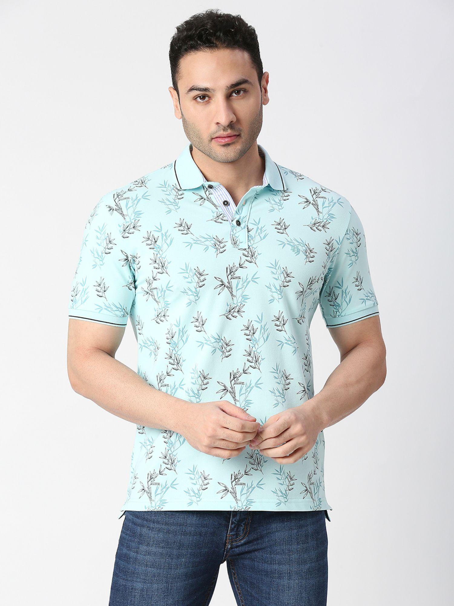 half sleeves mint cotton pique lycra printed polo t-shirt with tipping collar