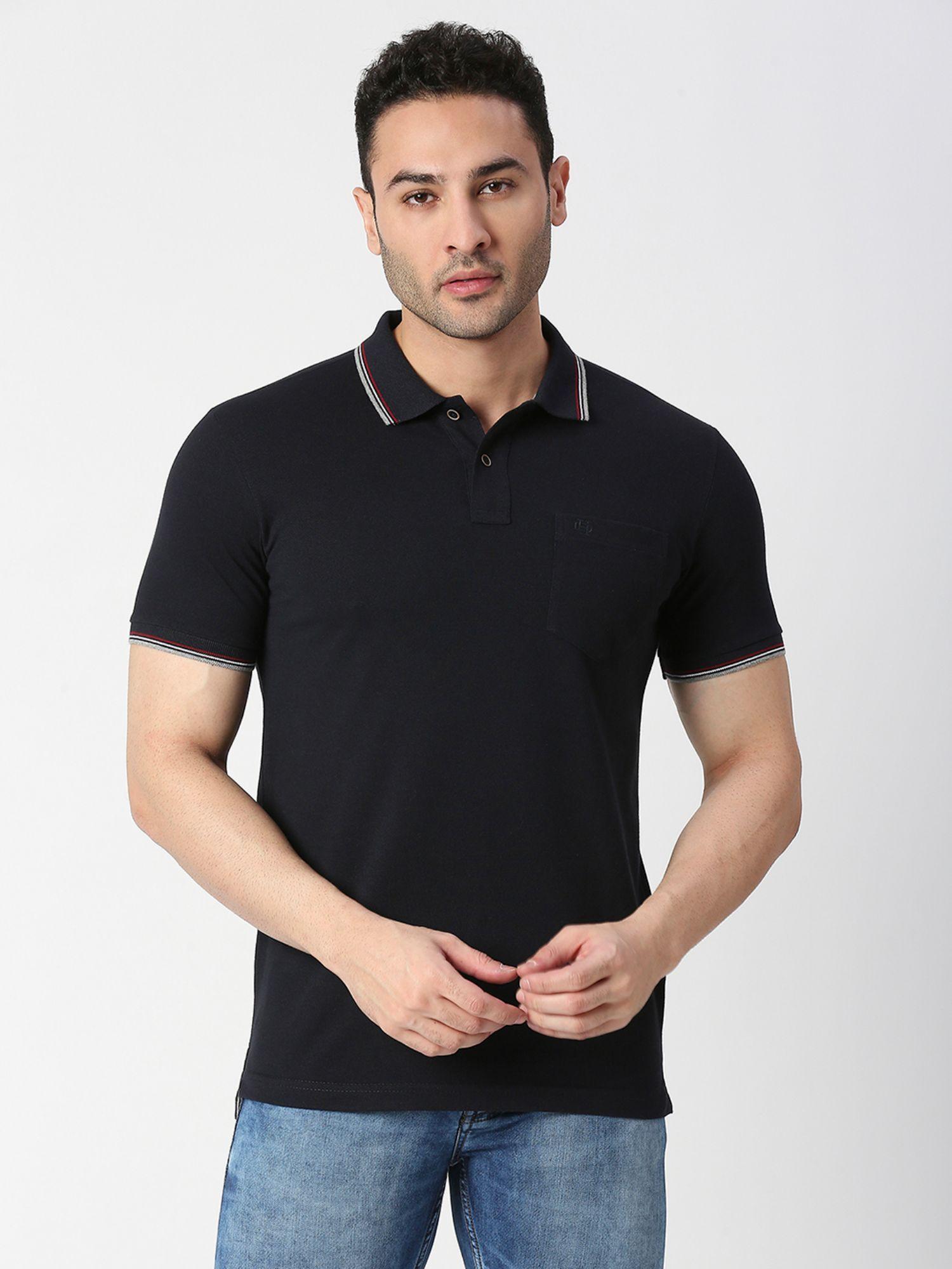 half sleeves navy blue pique lycra polo t-shirt with pocket
