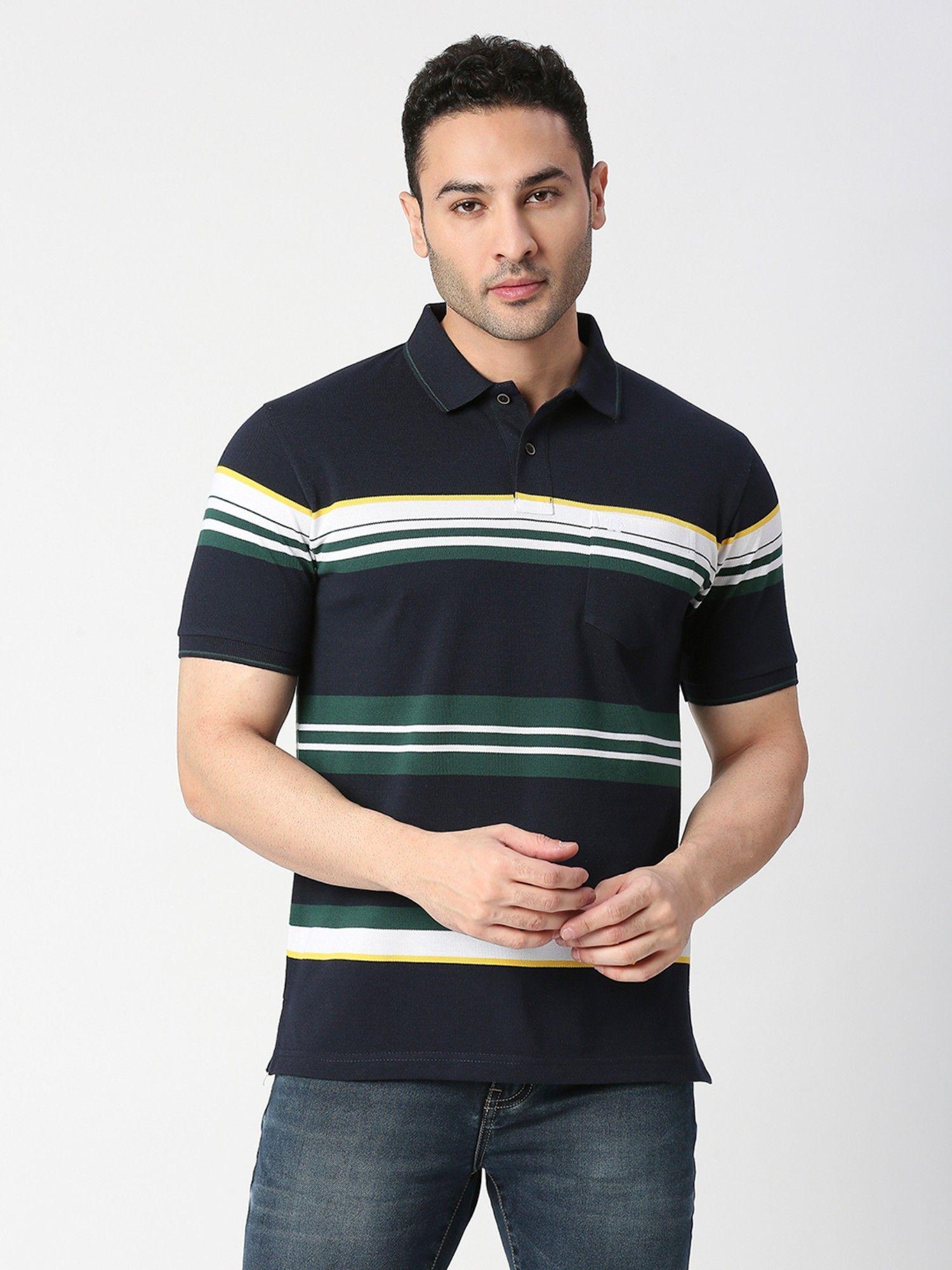 half sleeves navy blue striped pique polo t-shirt with pocket