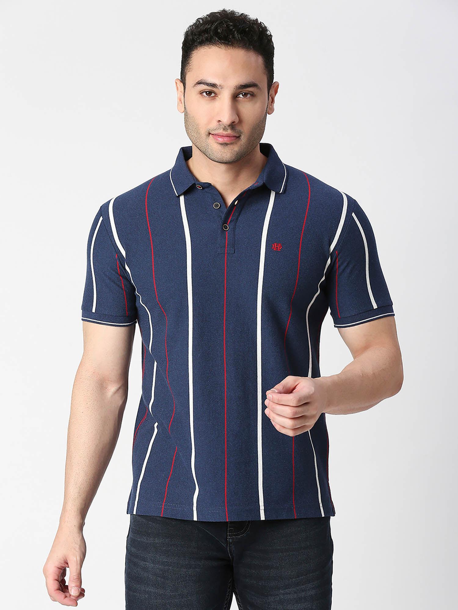 half sleeves navy vertical stripes pique polo t-shirt