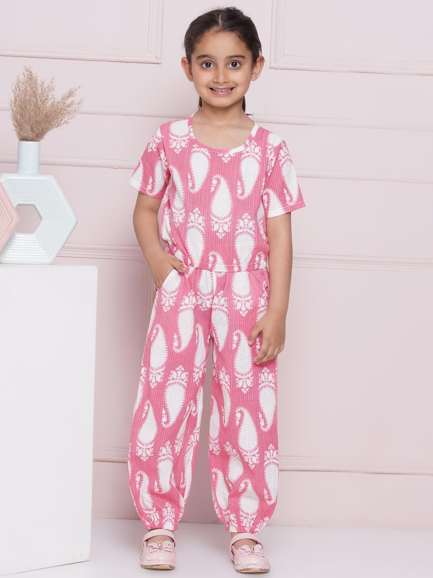 half sleeves pink paisley print cotton top and pant for girls (set of 2)
