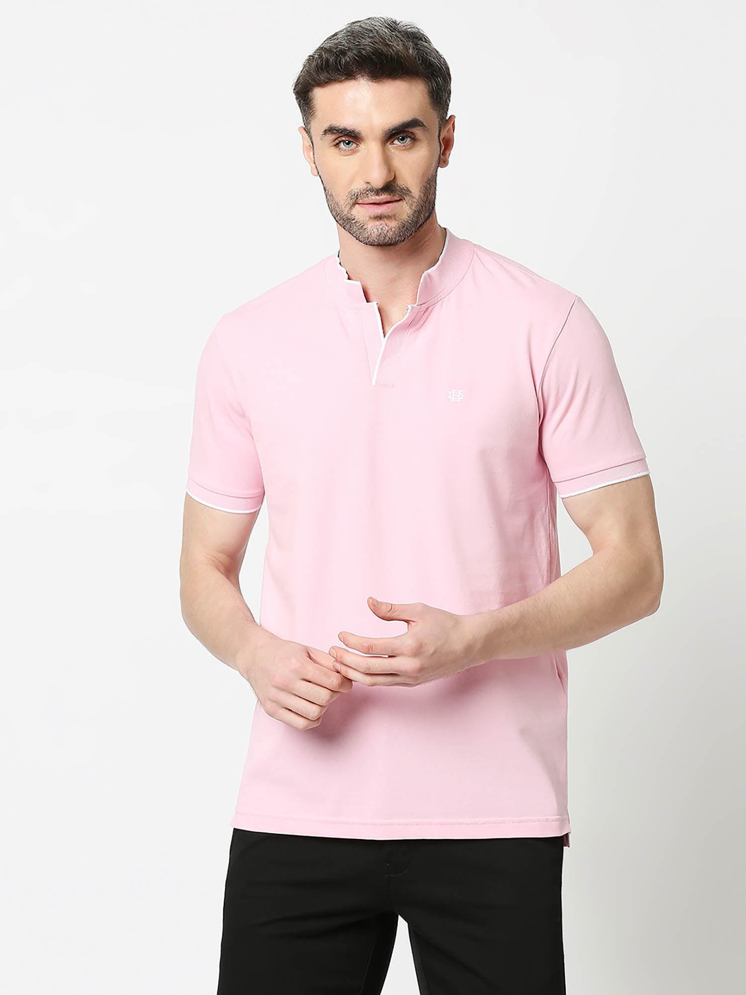 half sleeves pink pique lycra polo t-shirt with johnny collar