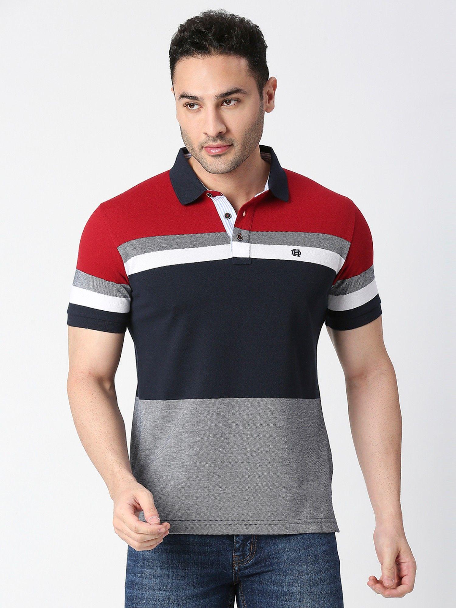 half sleeves red & grey colour blocked pique polo t-shirt