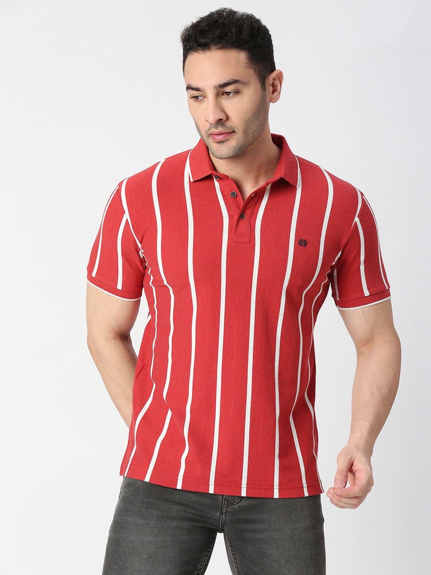 half sleeves red melange verticle striped pique polo t-shirt