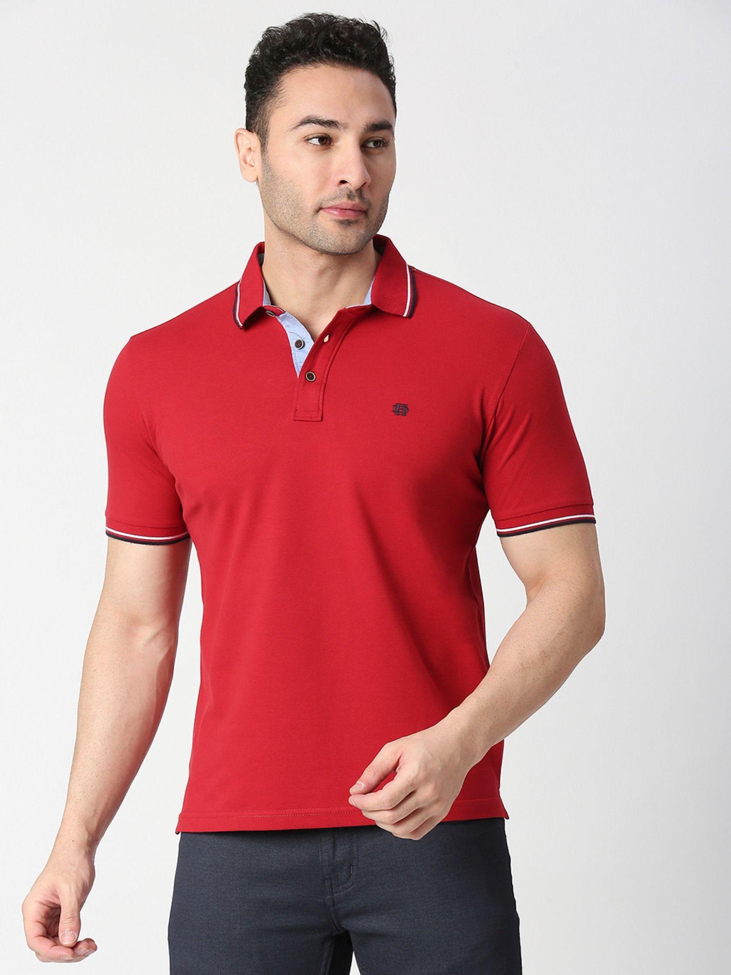 half sleeves red pique lycra polo t-shirt with tipping collar