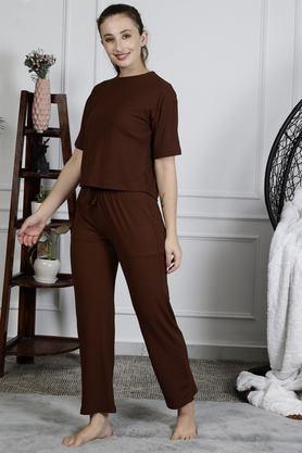 half sleeves regular fit polyester women's night dress - brown