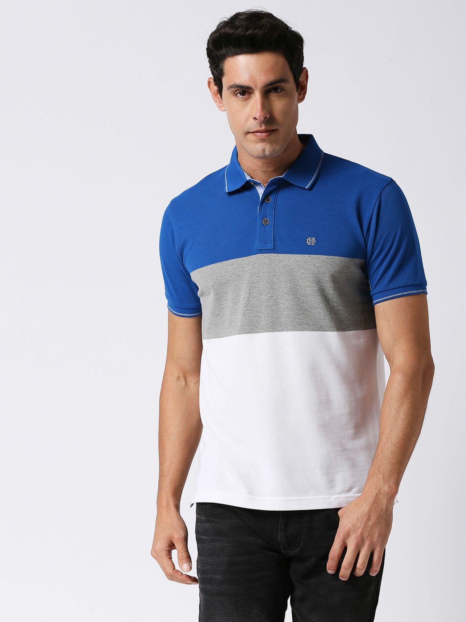 half sleeves royal blue & multi-color pique colour block polo t-shirt