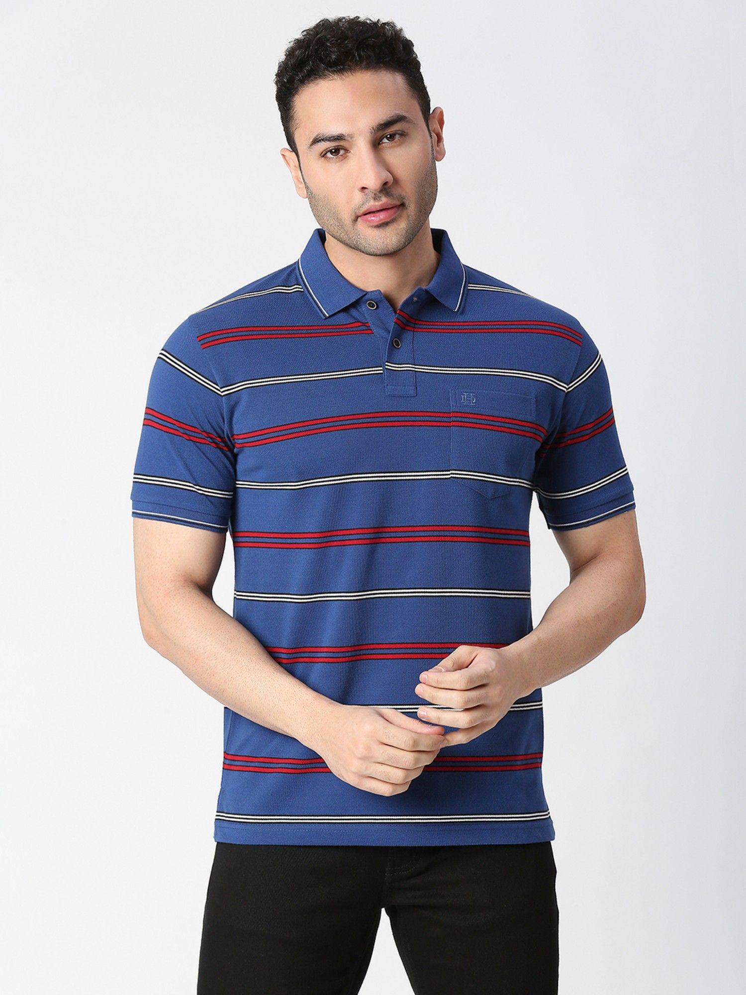 half sleeves royal blue striped pique polo t-shirt with pocket