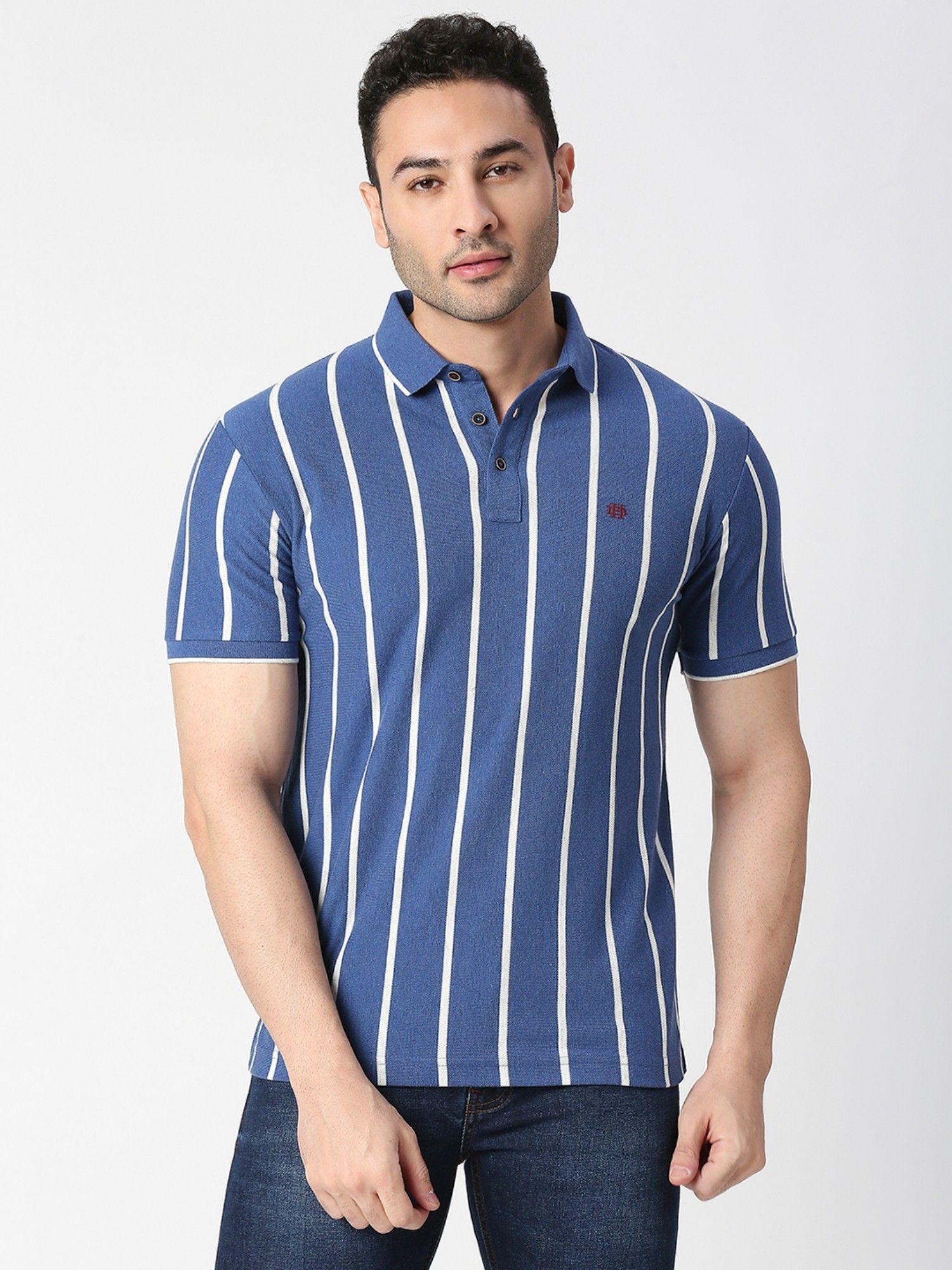 half sleeves royal blue vertical striped pique polo t-shirt
