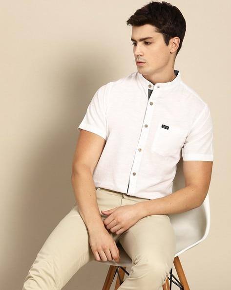 half-sleeves shirt with band collar