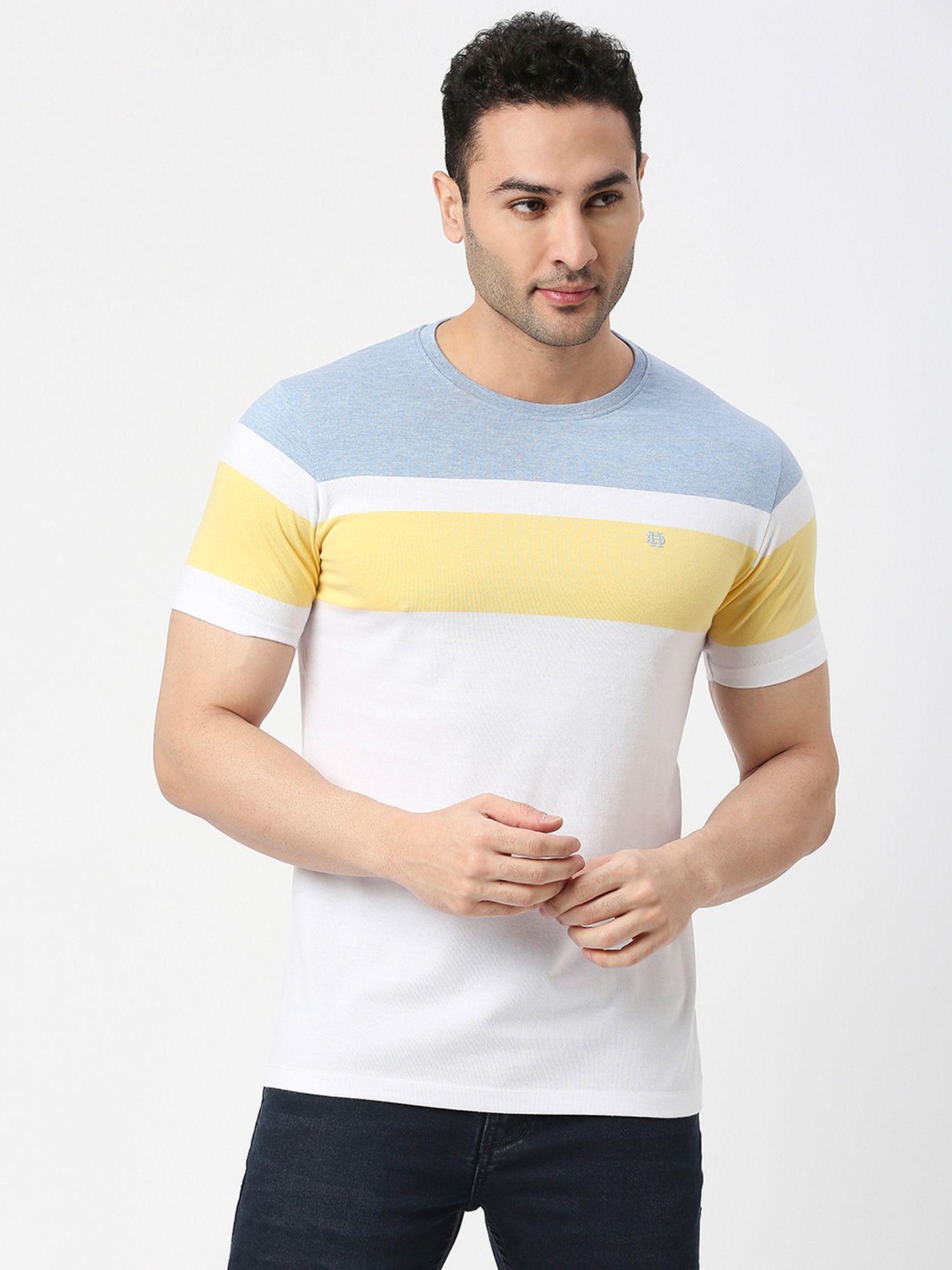 half sleeves sky blue & white striped round neck t-shirt