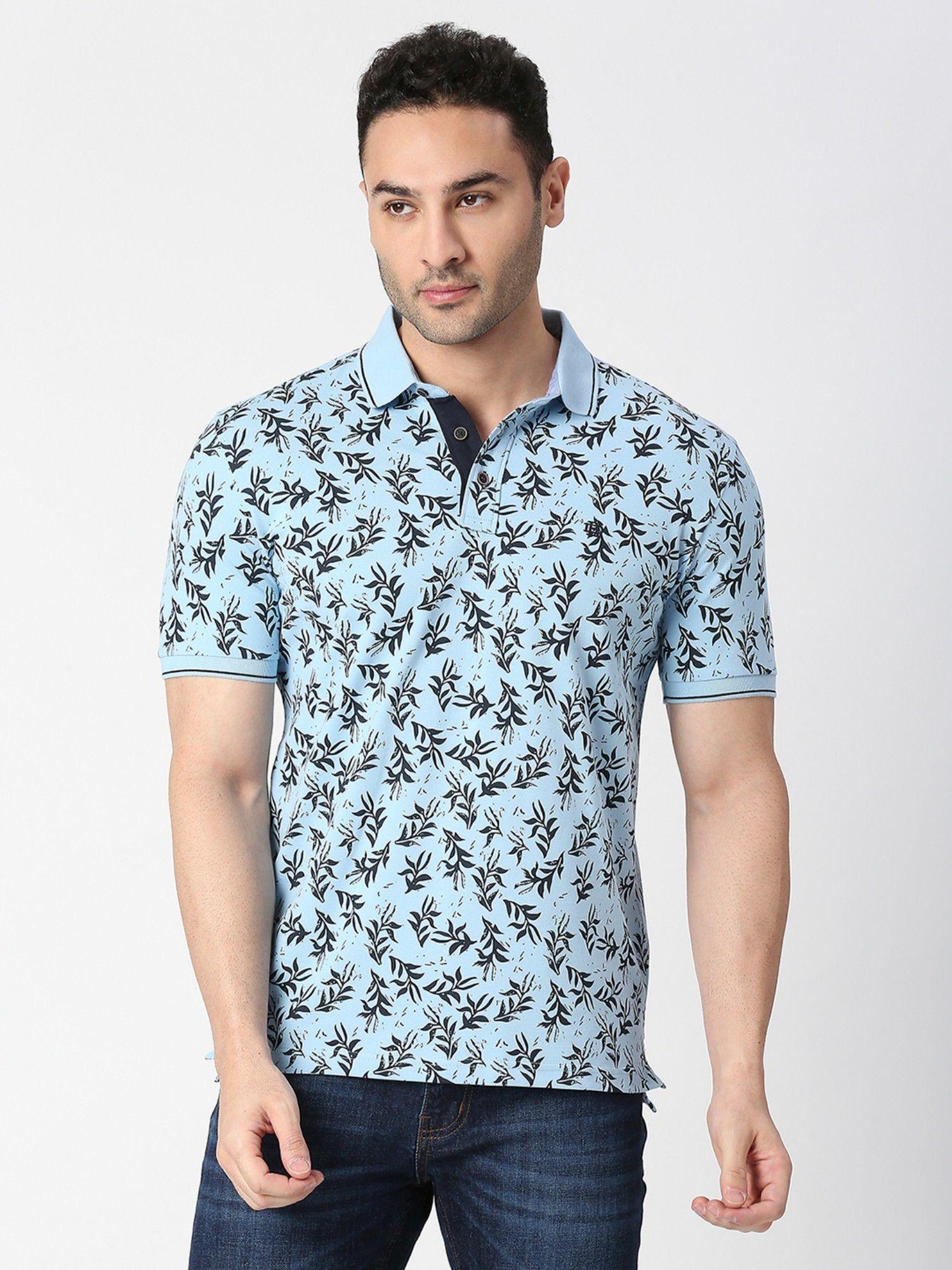 half sleeves sky blue printed pique polo t-shirt