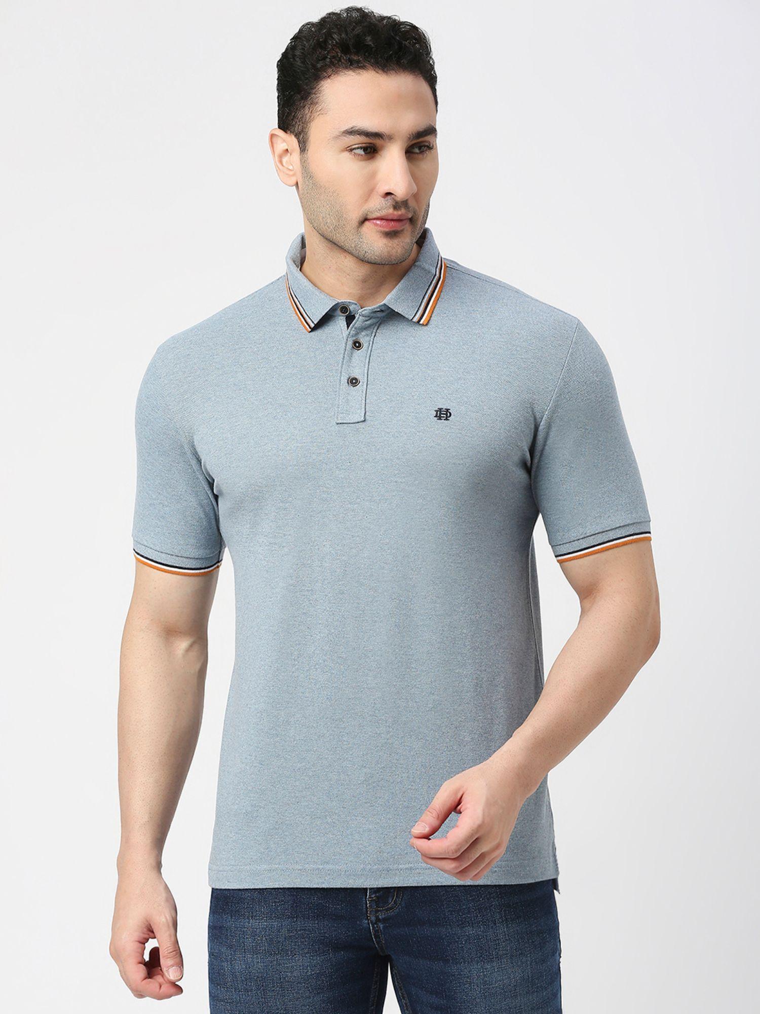 half sleeves sky melange pique lycra polo t-shirt with tipping collar