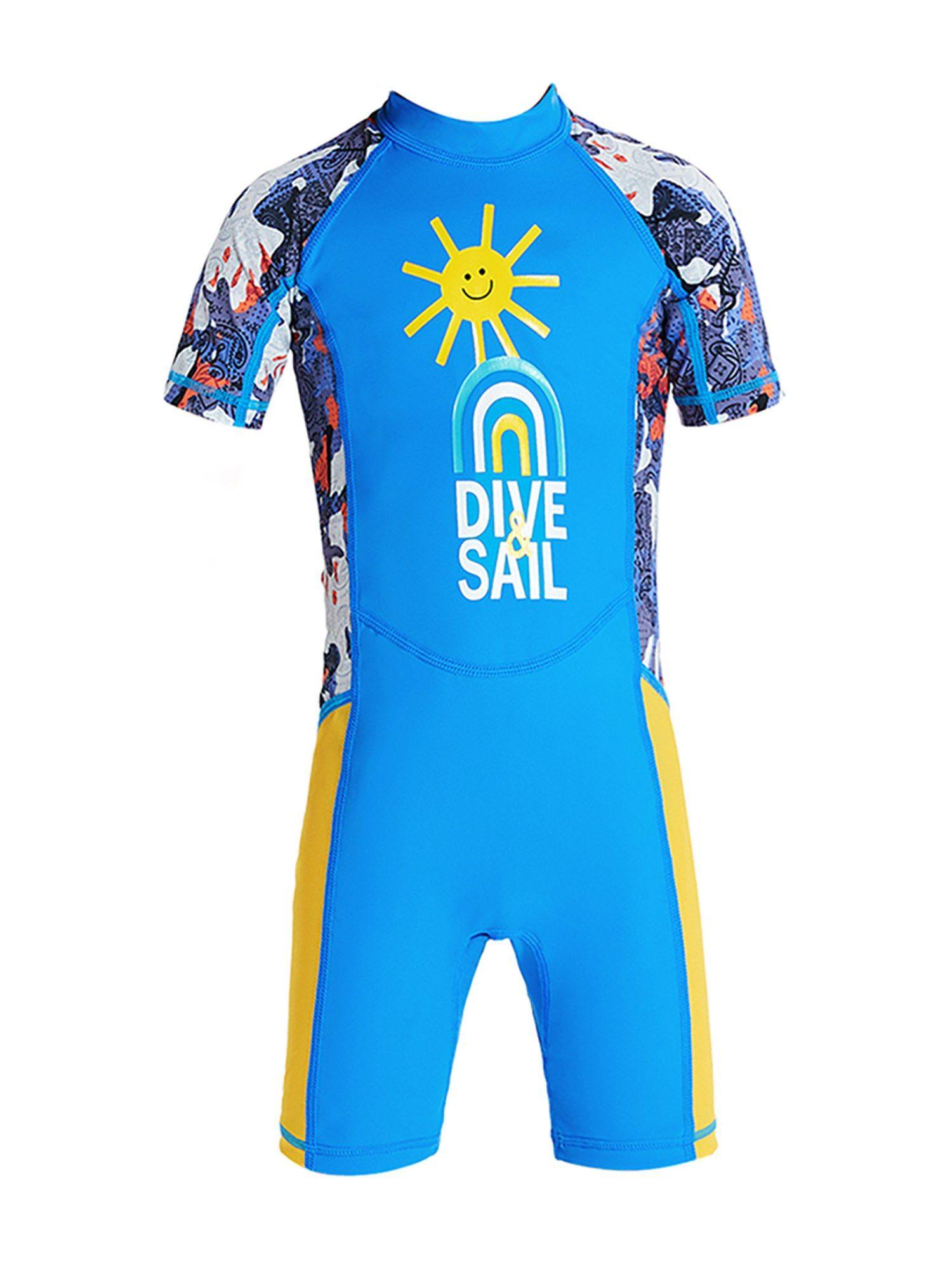 half sleeves swimwear blue sunshine printed knee length upf 50