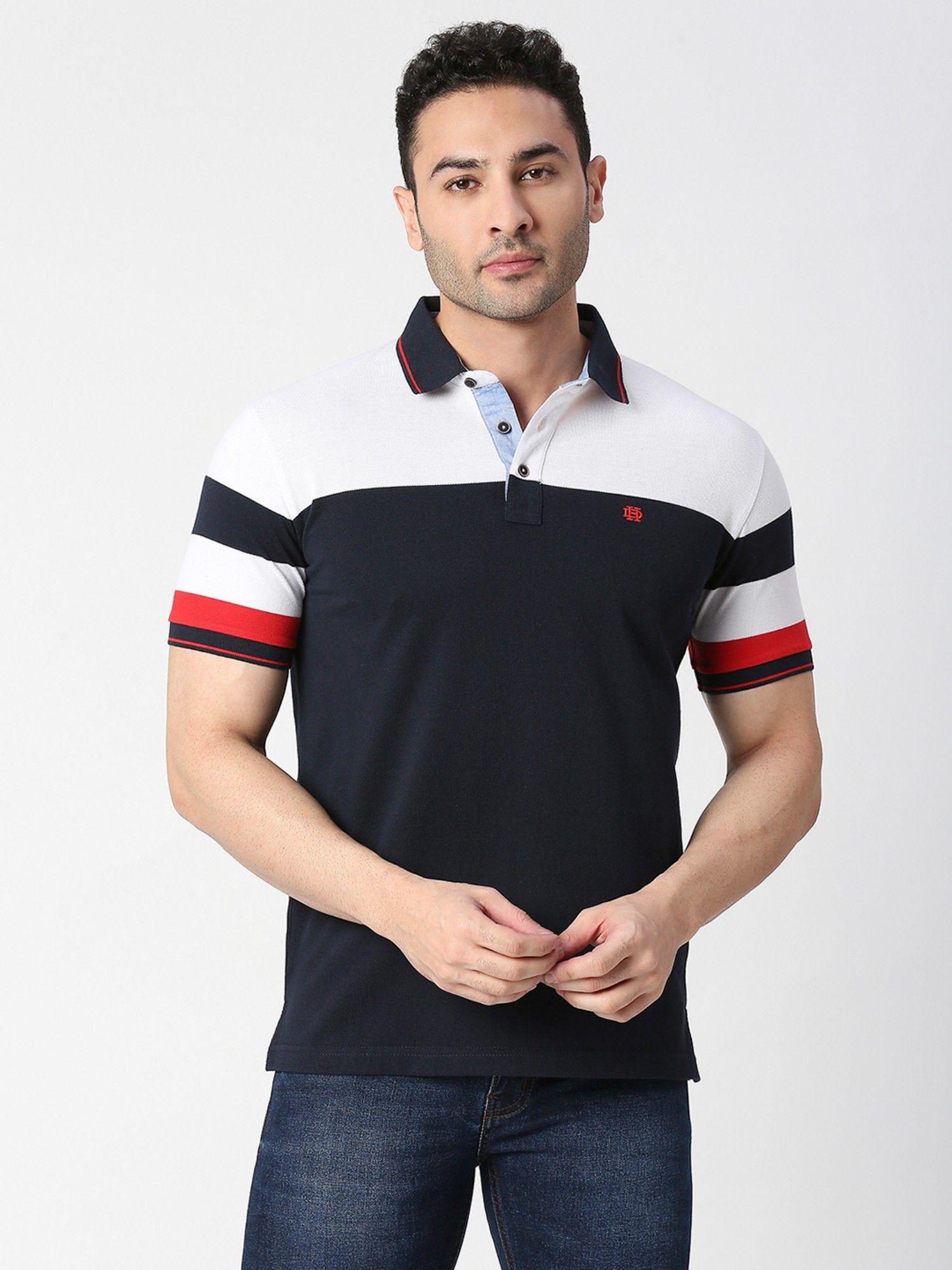 half sleeves white & navy blue colour block pique polo t-shirt
