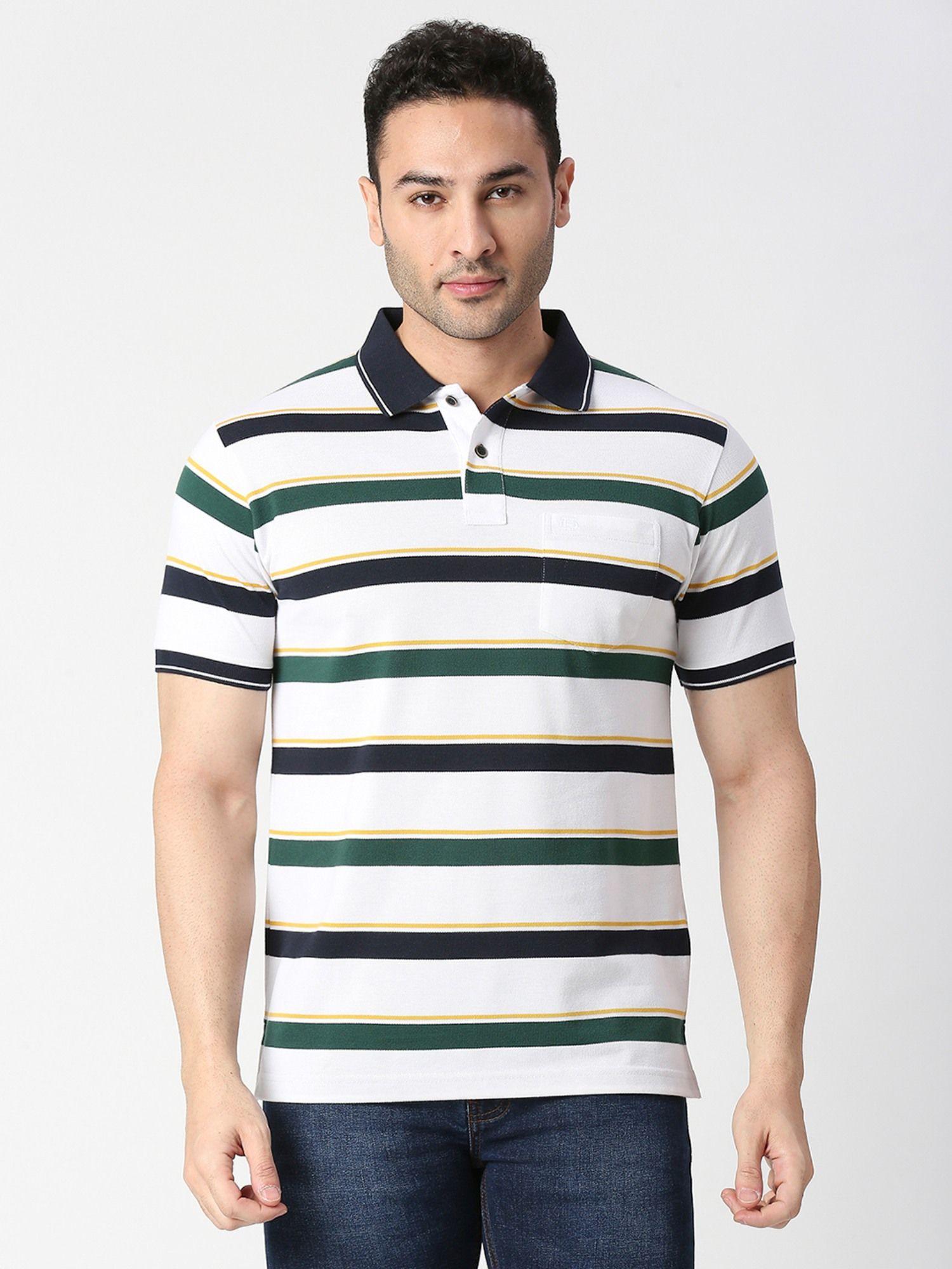 half sleeves white striped polo pique t-shirt with pocket