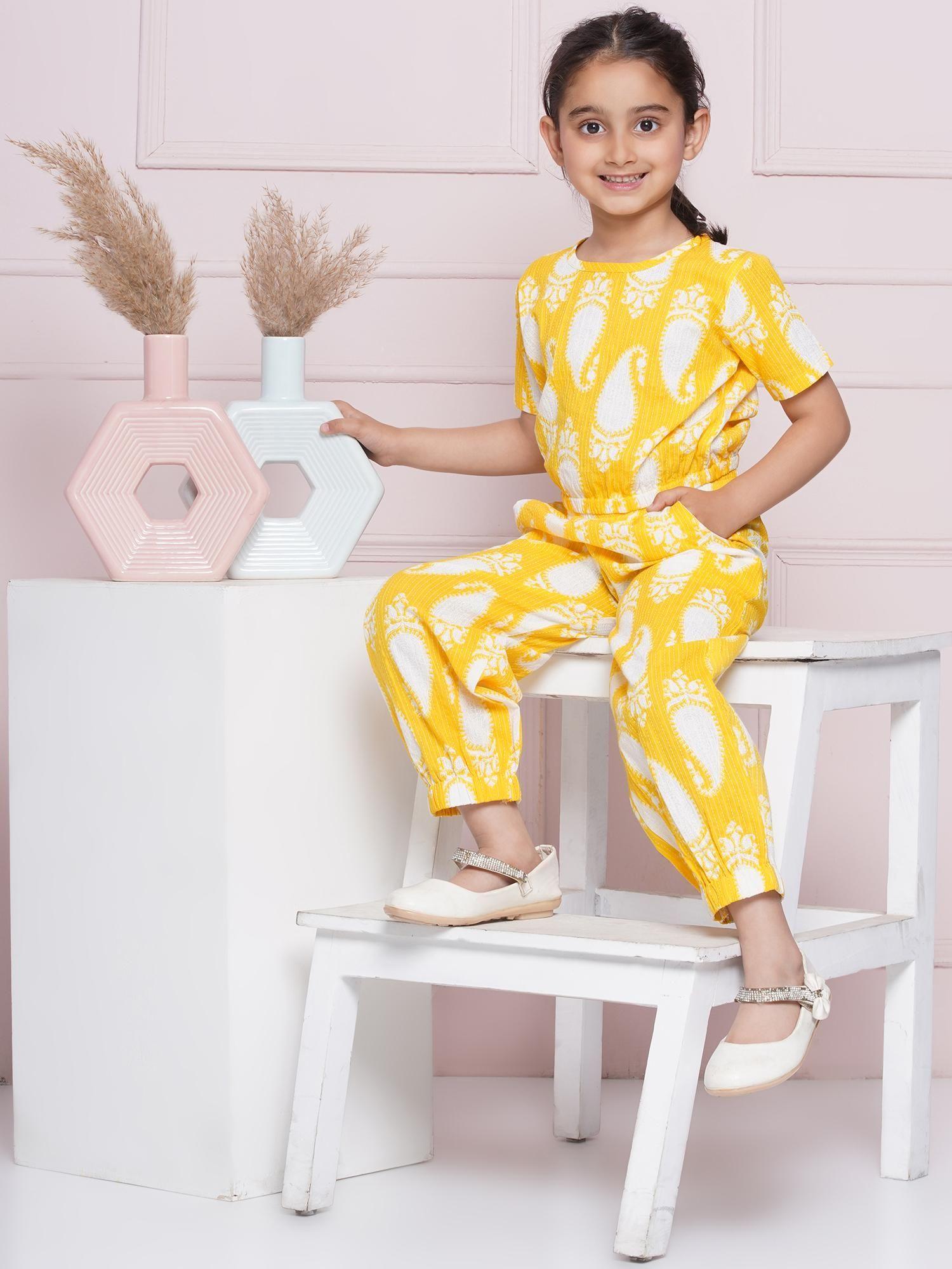 half sleeves yellow paisley print cotton top and pant for girls (set of 2)