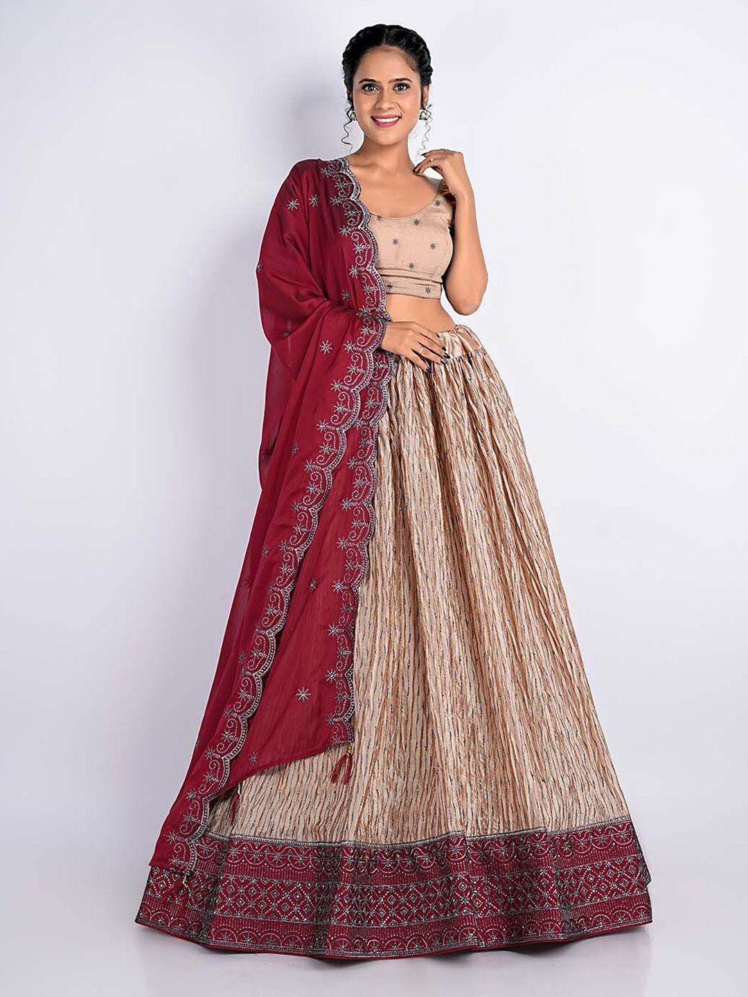 halfsaree studio cream-coloured & maroon embroidered semi-stitched lehenga & unstitched blouse with dupatta