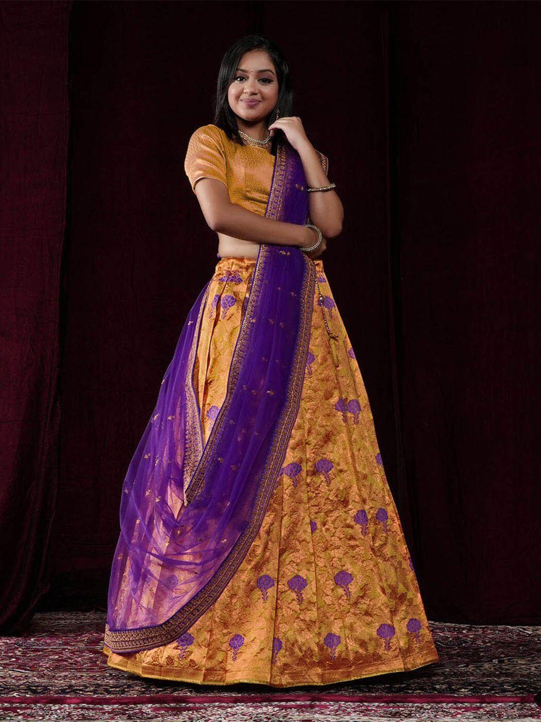 halfsaree studio gold-toned & purple semi-stitched lehenga & unstitched blouse with dupatta