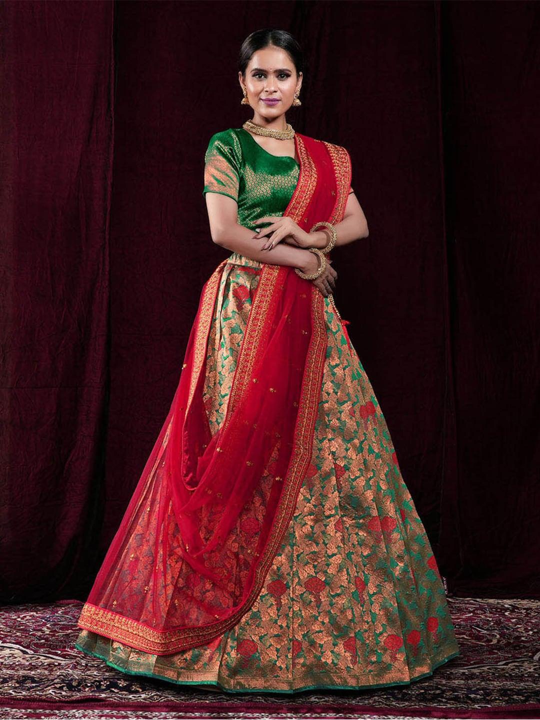 halfsaree studio green & red semi-stitched lehenga & unstitched blouse with dupatta