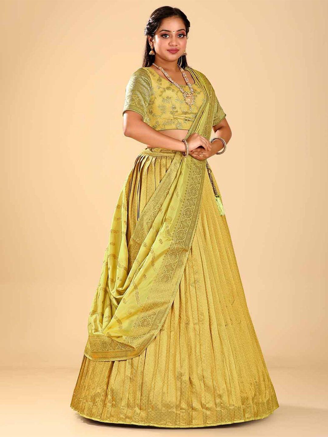 halfsaree studio lime green & gold-toned semi-stitched lehenga & unstitched blouse with dupatta
