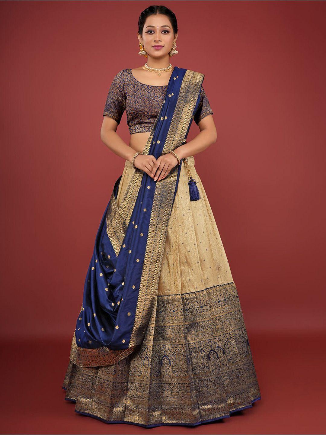halfsaree studio navy blue & gold-toned semi-stitched lehenga & unstitched blouse with dupatta