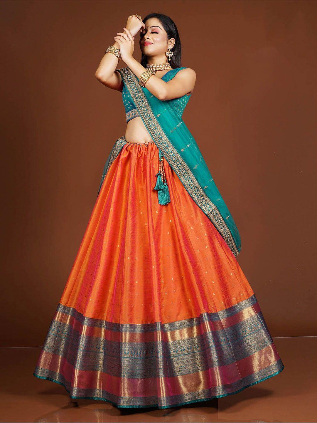 halfsaree studio orange & teal semi-stitched lehenga & unstitched blouse with dupatta