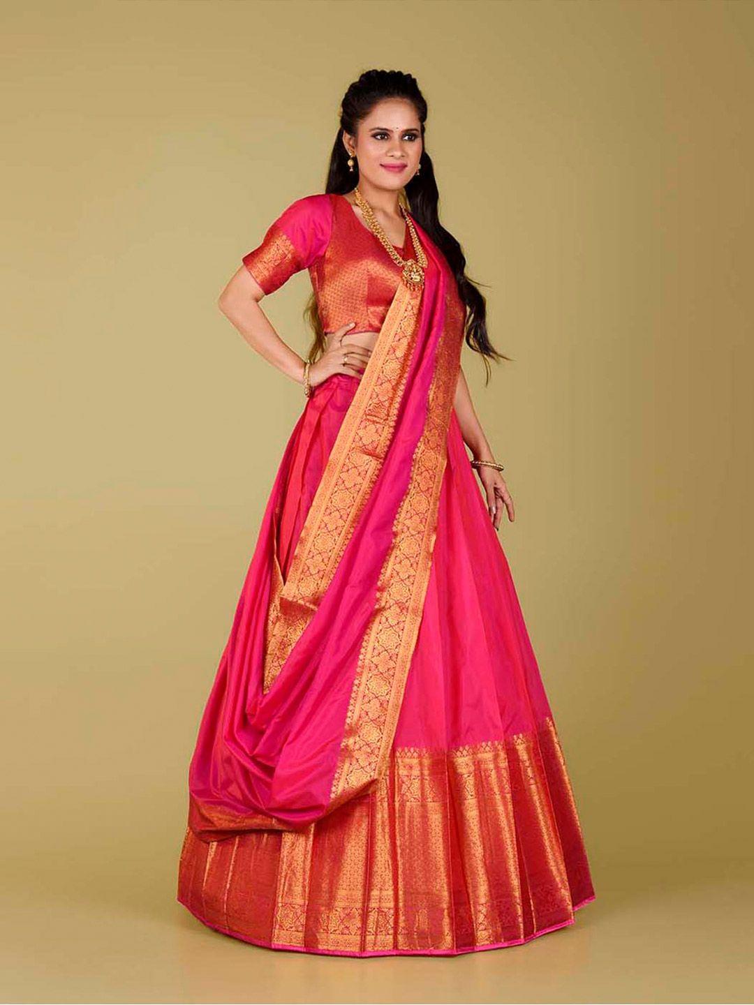 halfsaree studio pink & gold-toned semi-stitched lehenga & unstitched blouse with dupatta