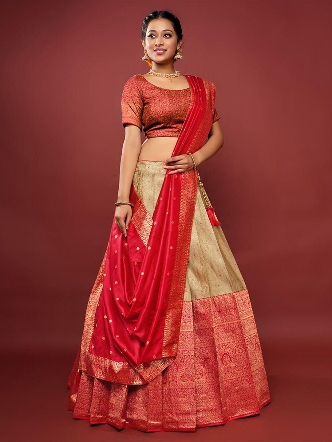 halfsaree studio red & gold-toned semi-stitched lehenga & unstitched blouse with dupatta