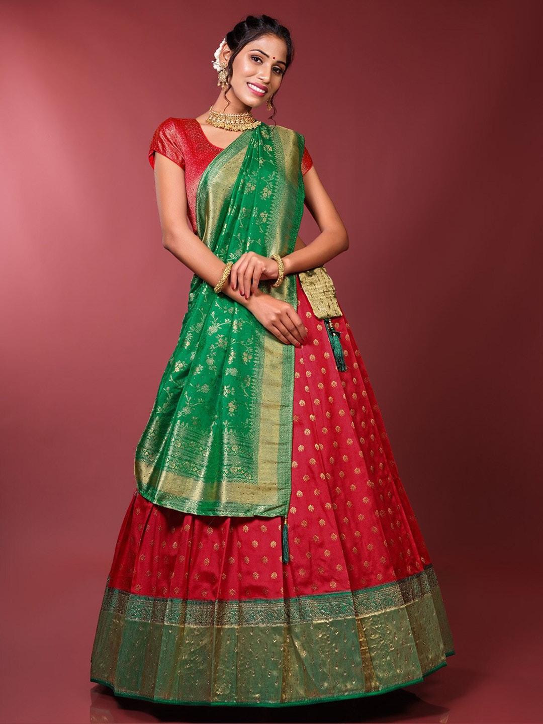 halfsaree studio red & green semi-stitched lehenga & unstitched blouse with dupatta