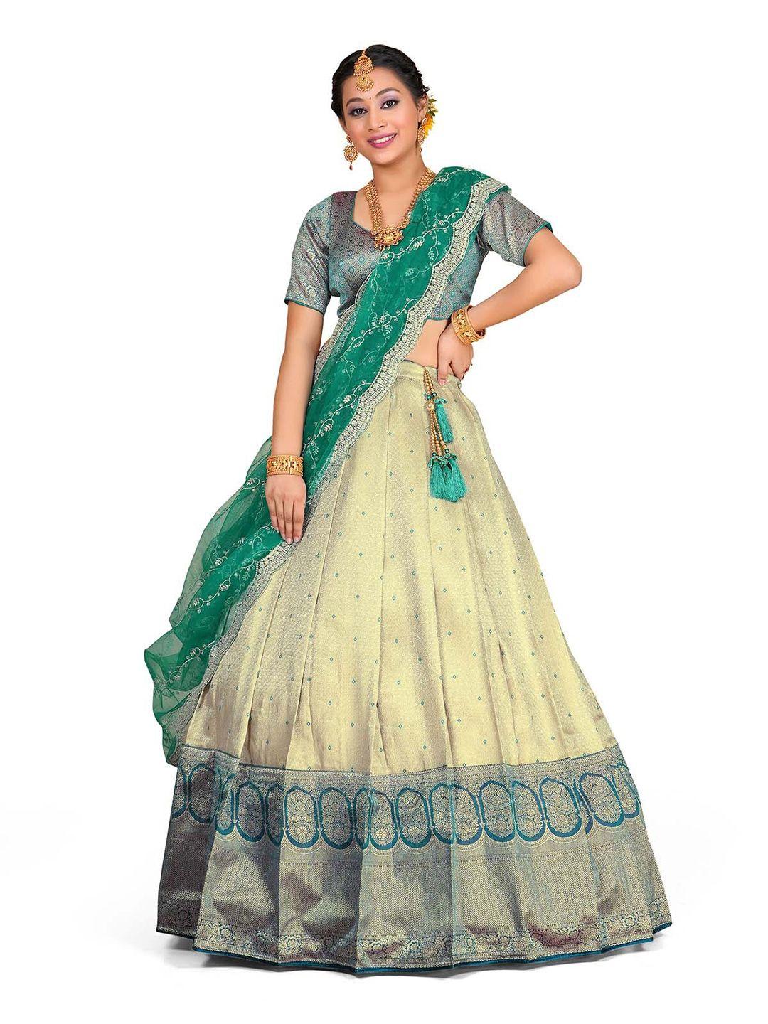 halfsaree studio beige & green semi-stitched lehenga & blouse with dupatta