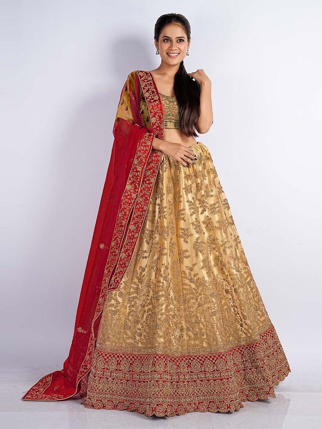 halfsaree studio cream-coloured & embroidered semi-stitched lehenga & unstitched blouse with dupatta