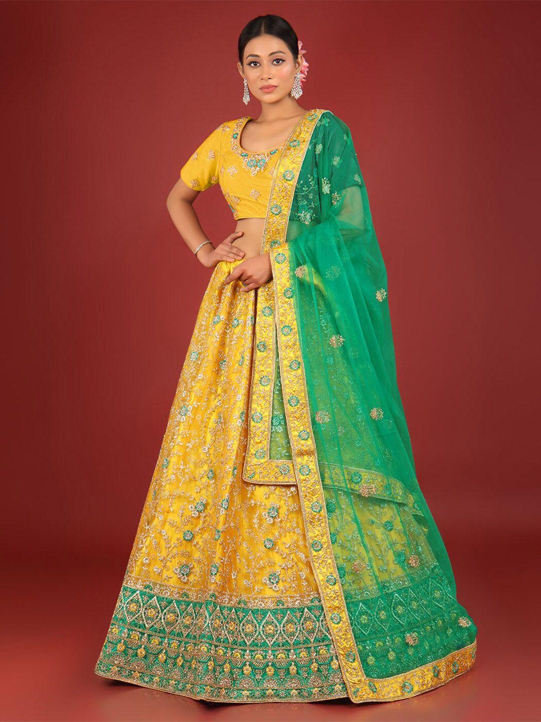 halfsaree studio embroidered net semi-stitched lehenga & unstitched blouse with dupatta