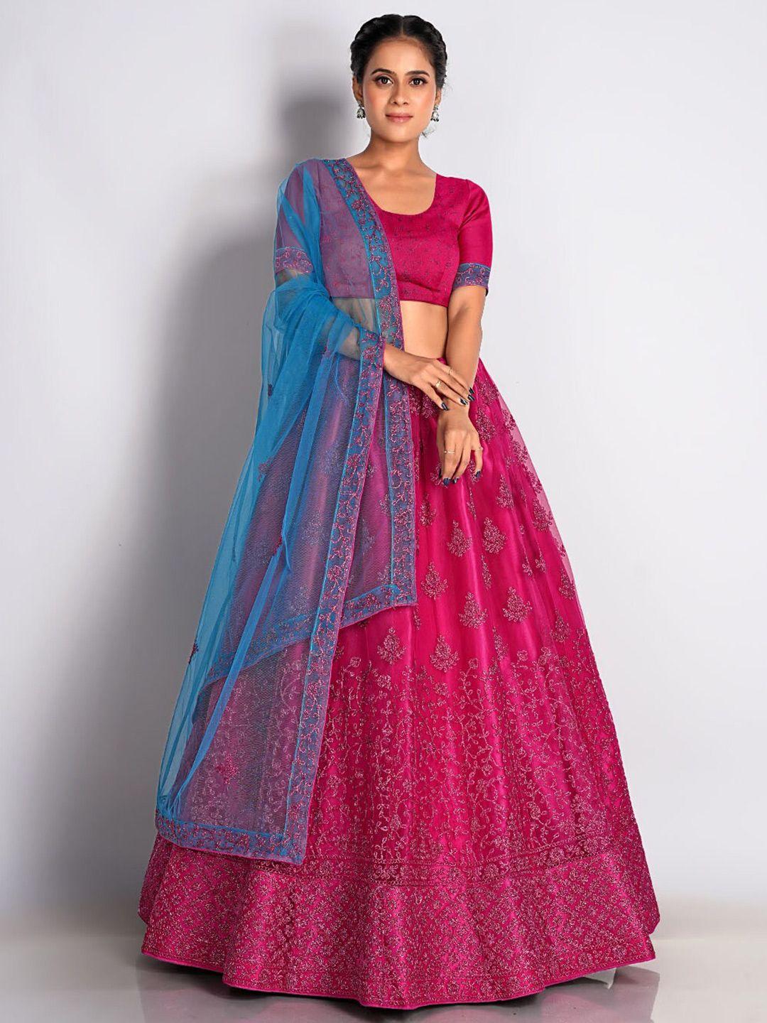 halfsaree studio embroidered net semi-stitched lehenga & unstitched blouse with dupatta