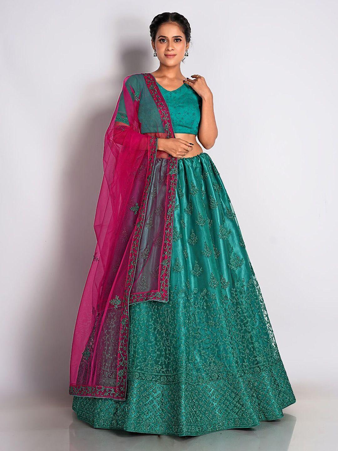 halfsaree studio embroidered net semi-stitched lehenga & unstitched blouse with dupatta