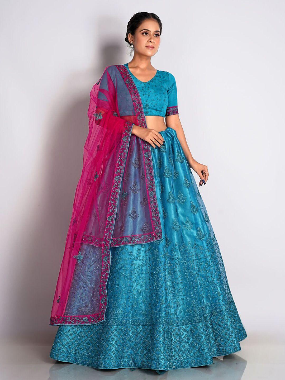 halfsaree studio embroidered net semi-stitched lehenga & unstitched blouse with dupatta