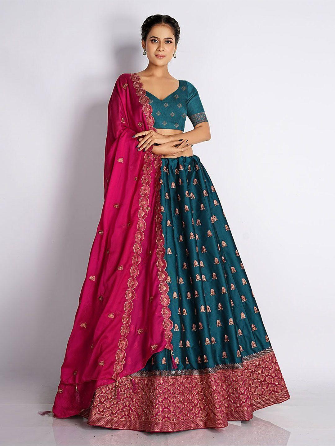 halfsaree studio embroidered silk semi-stitched lehenga & unstitched blouse with dupatta