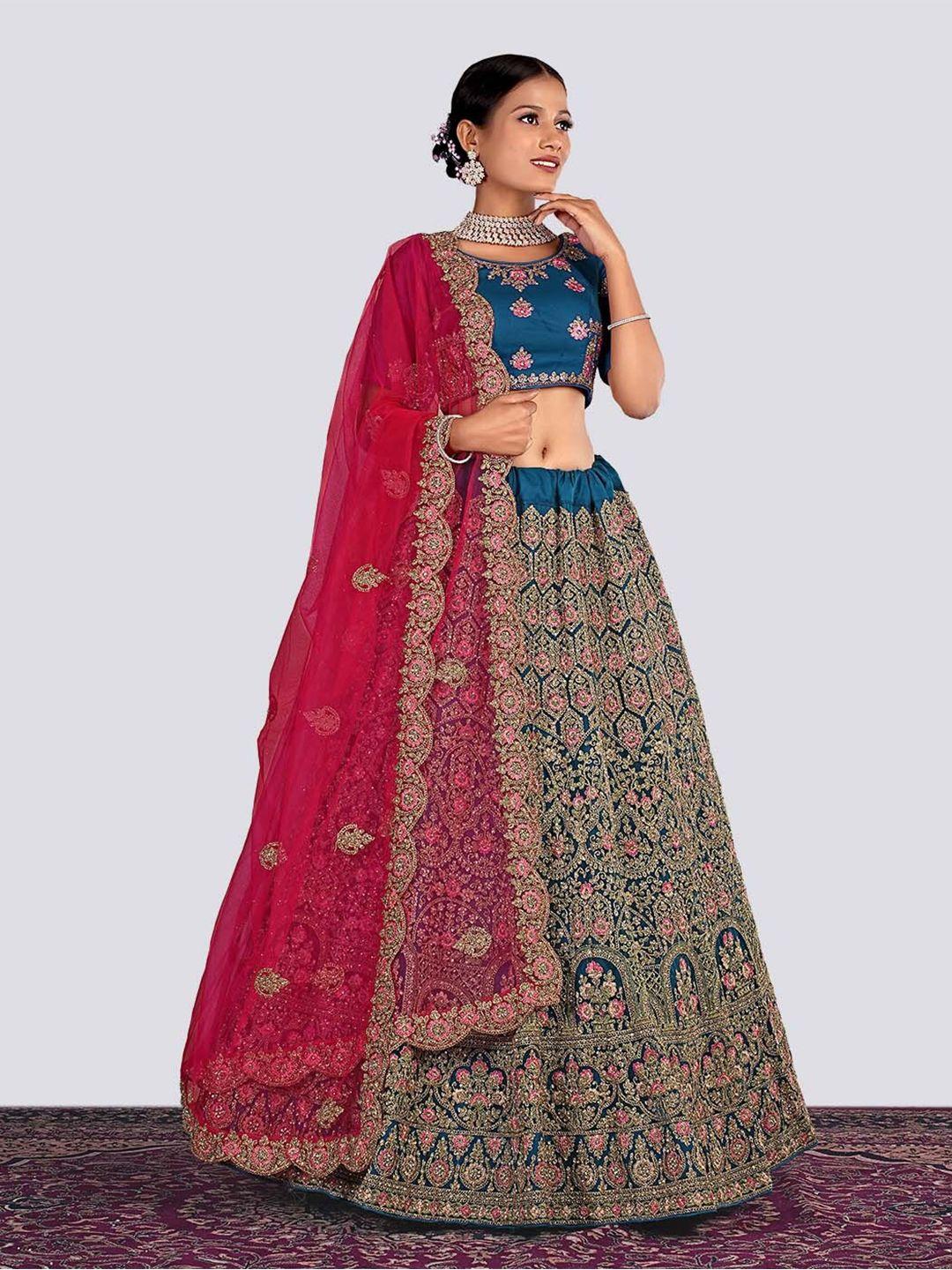 halfsaree studio ethnic motif embroidered net semi-stitched lehenga & blouse with dupatta