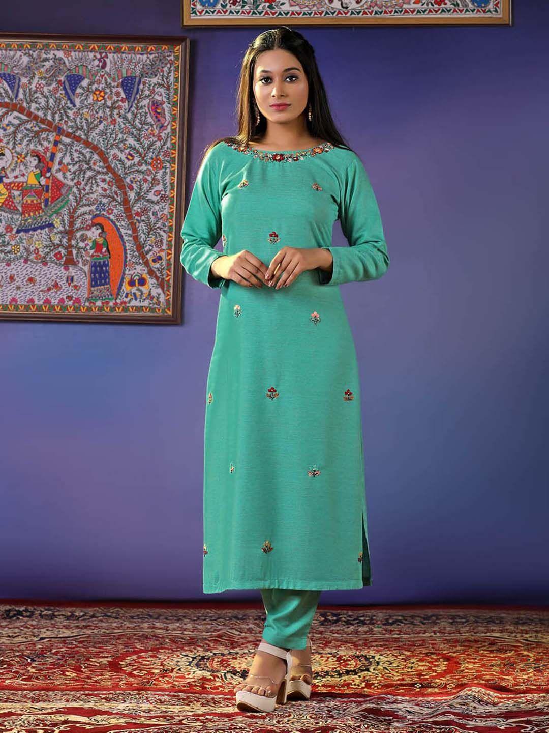 halfsaree studio floral beads & stones embroidered pure cotton straight kurta