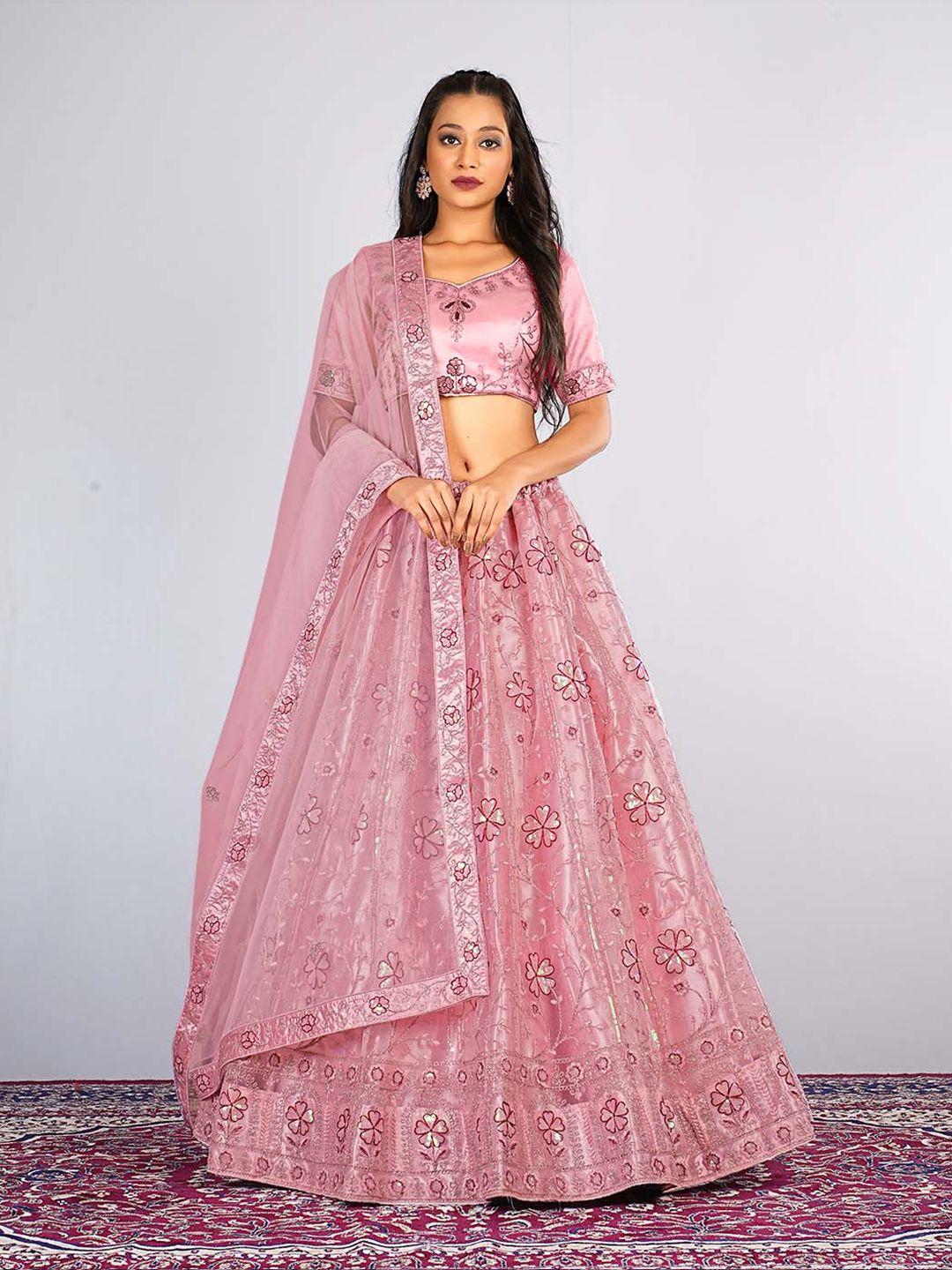 halfsaree studio floral embroidered net semi-stitched lehenga & blouse with dupatta