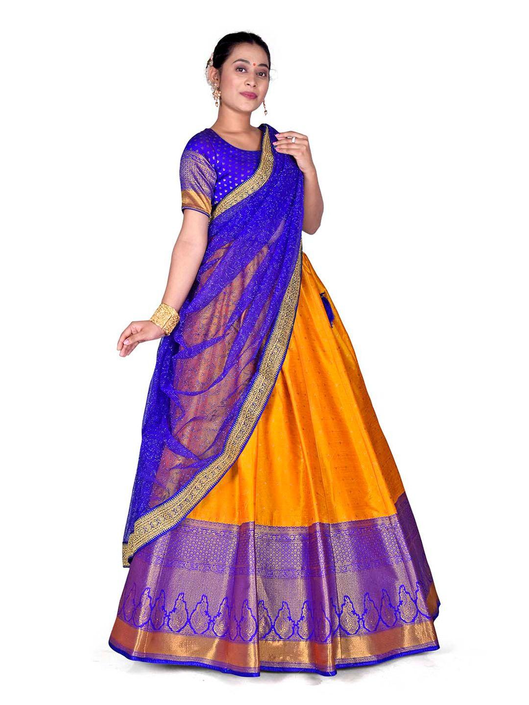 halfsaree studio gold-toned & blue semi-stitched lehenga & blouse with dupatta