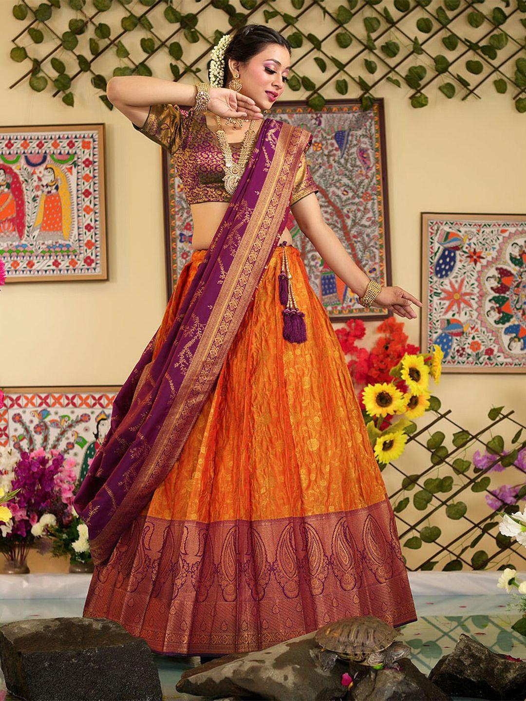 halfsaree studio gold-toned & burgundy semi-stitched lehenga & unstitched blouse with dupatta