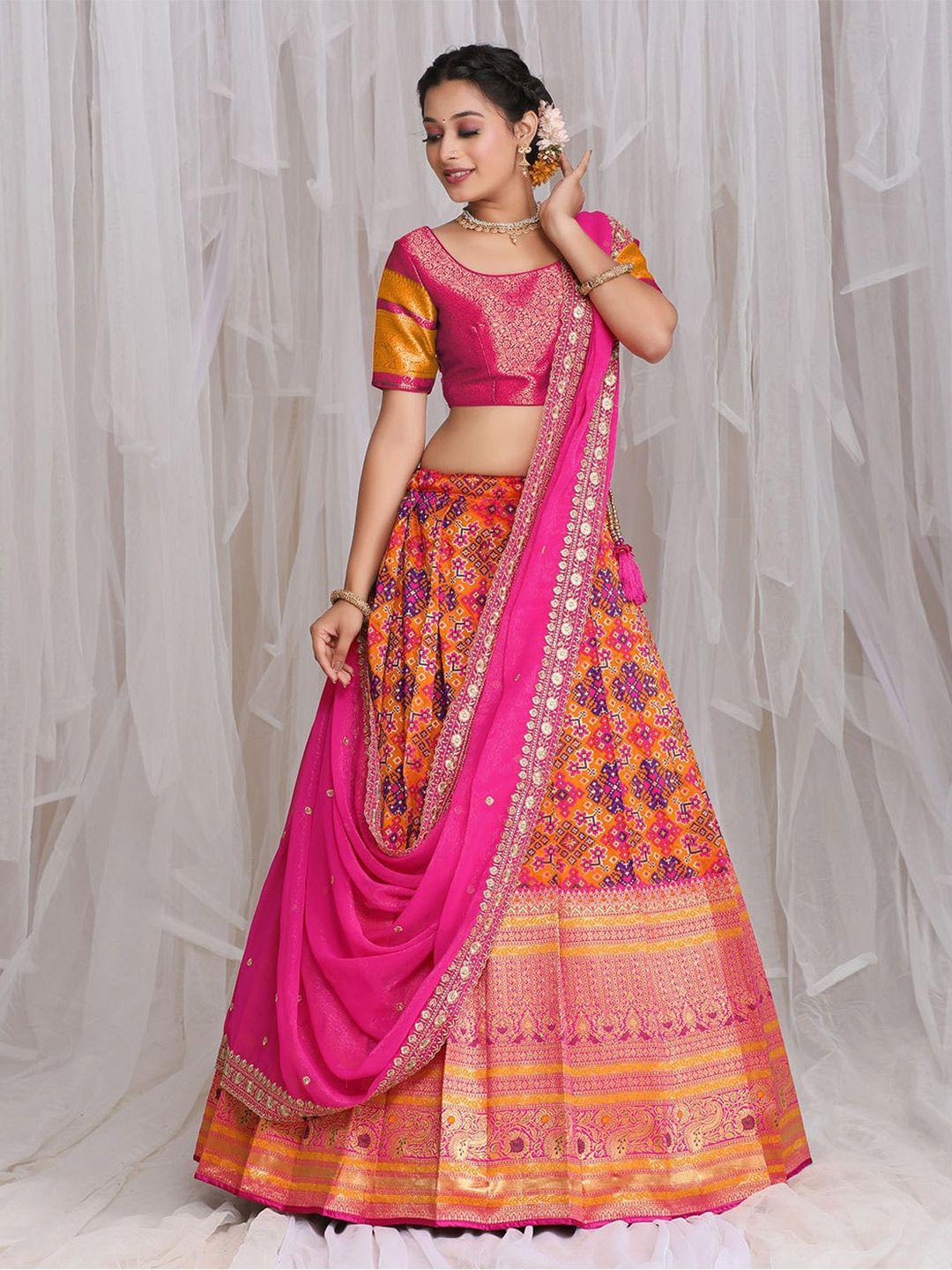 halfsaree studio gold-toned & fuchsia semi-stitched lehenga & unstitched blouse with dupatta